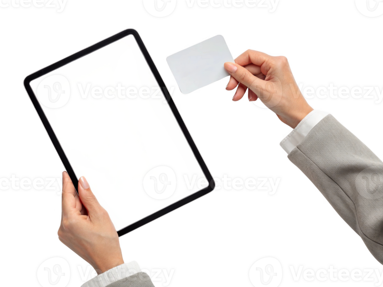 person holding tablet and blank card, ready for digital interaction png