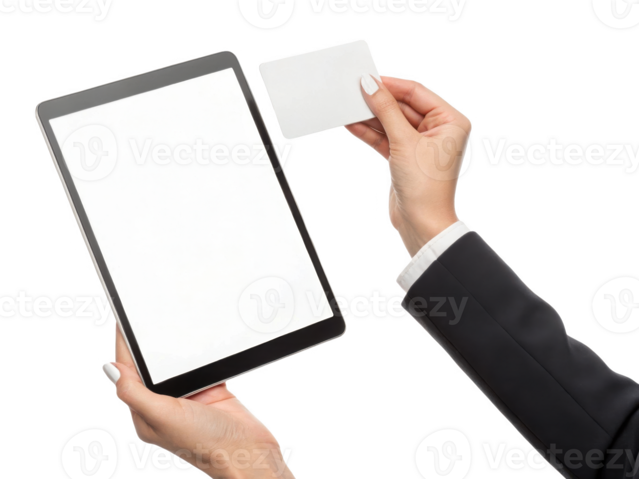 person holding tablet and blank card, showcasing technology and innovation png