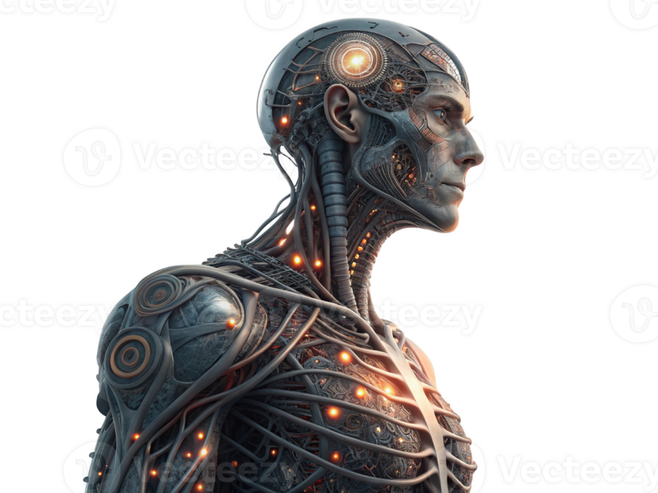 This features futuristic humanoid figure with intricate mechanical and organic elements, showcasing blend of technology and png