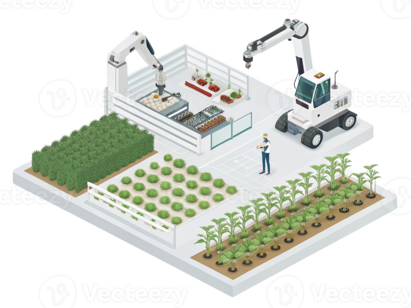 Automated farming with robots, crops, and greenhouse technology png