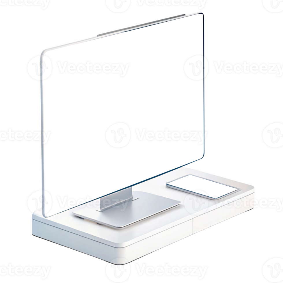 Modern computer setup with sleek monitor and minimalist design png