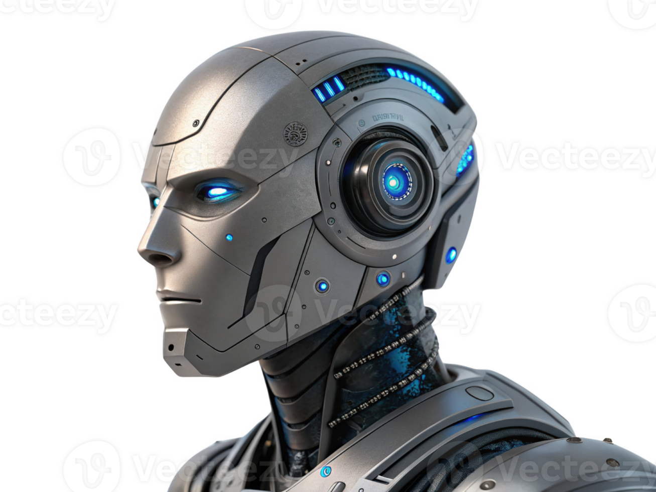 futuristic robot with blue lights and sleek metallic png