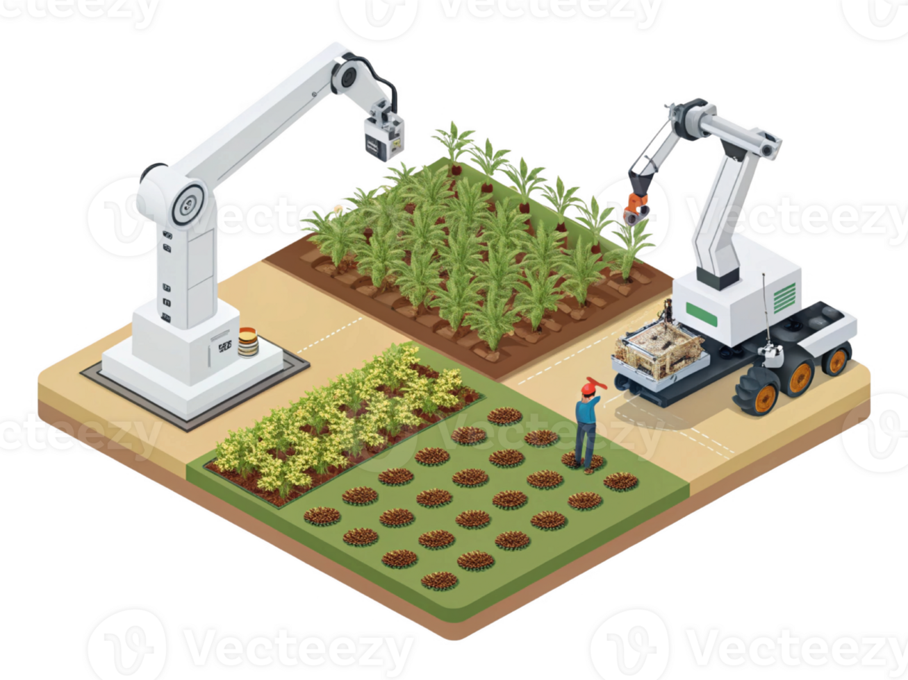 Automated farming with robots, crops, and agricultural technology png