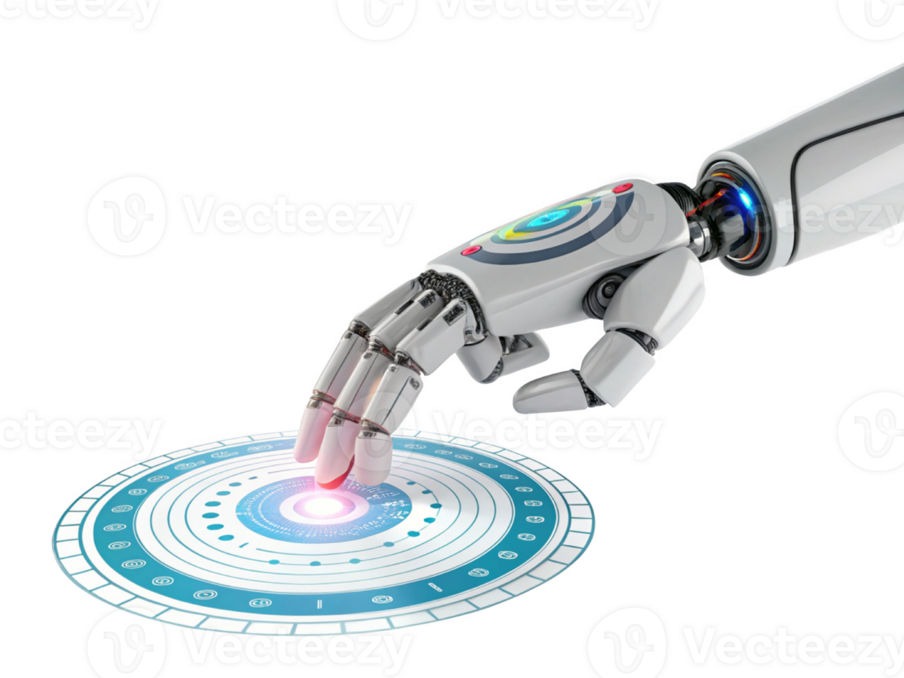 robotic hand interacts with futuristic interface, showcasing technology and innovation png