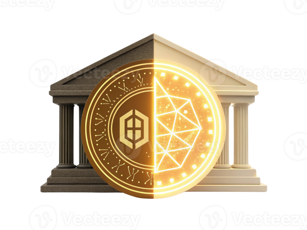 Digital currency symbol with bank building, representing finance and technology png