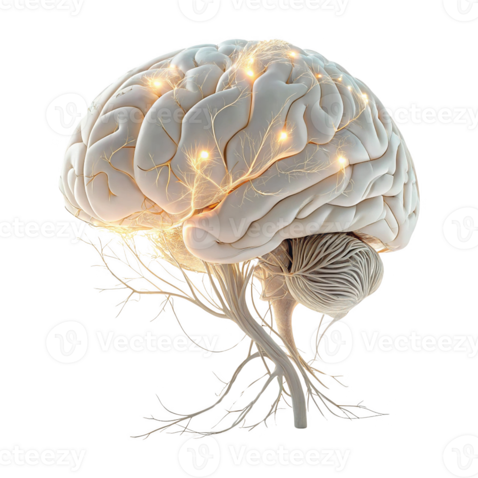 detailed illustration of human brain with glowing neural connections, showcasing intricate structures and roots png