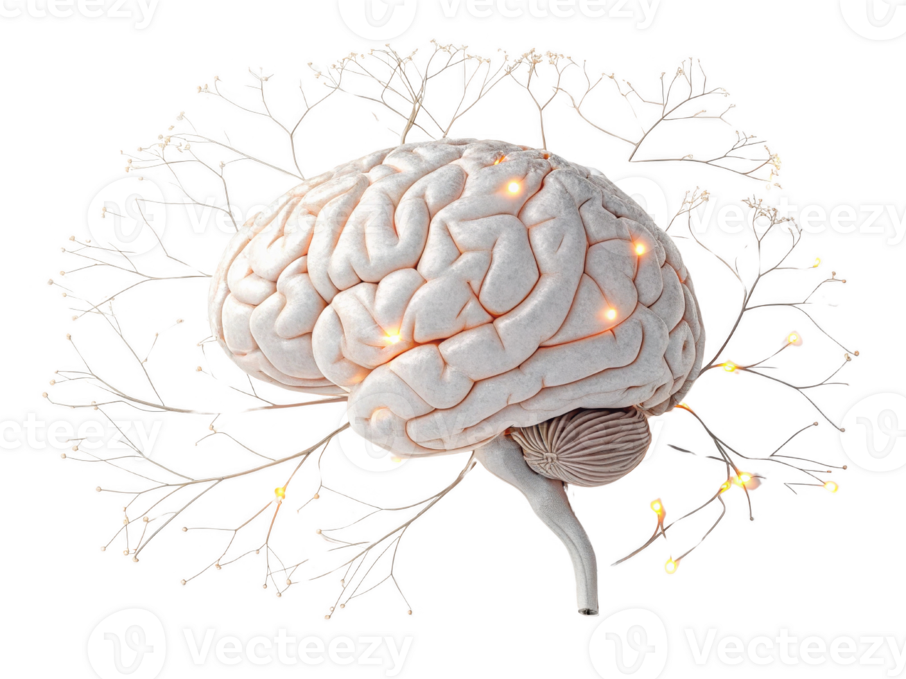 detailed illustration of human brain surrounded by neural branches, symbolizing connectivity and thought processes png