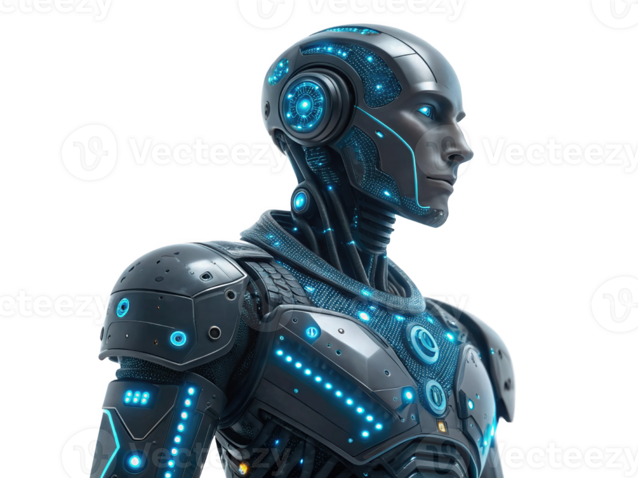 futuristic robot with glowing blue accents and sleek metallic design png