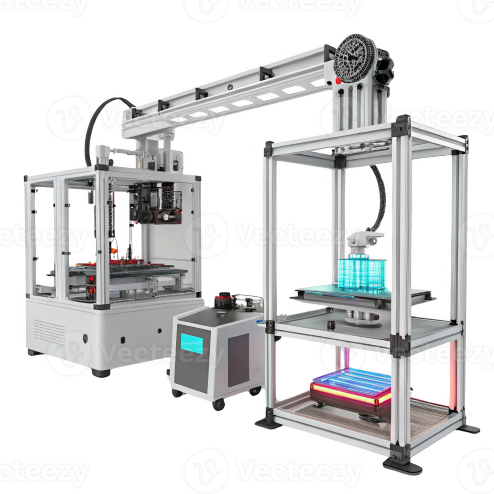 Automated 3D printing machine with robotic arm and multiple print beds png