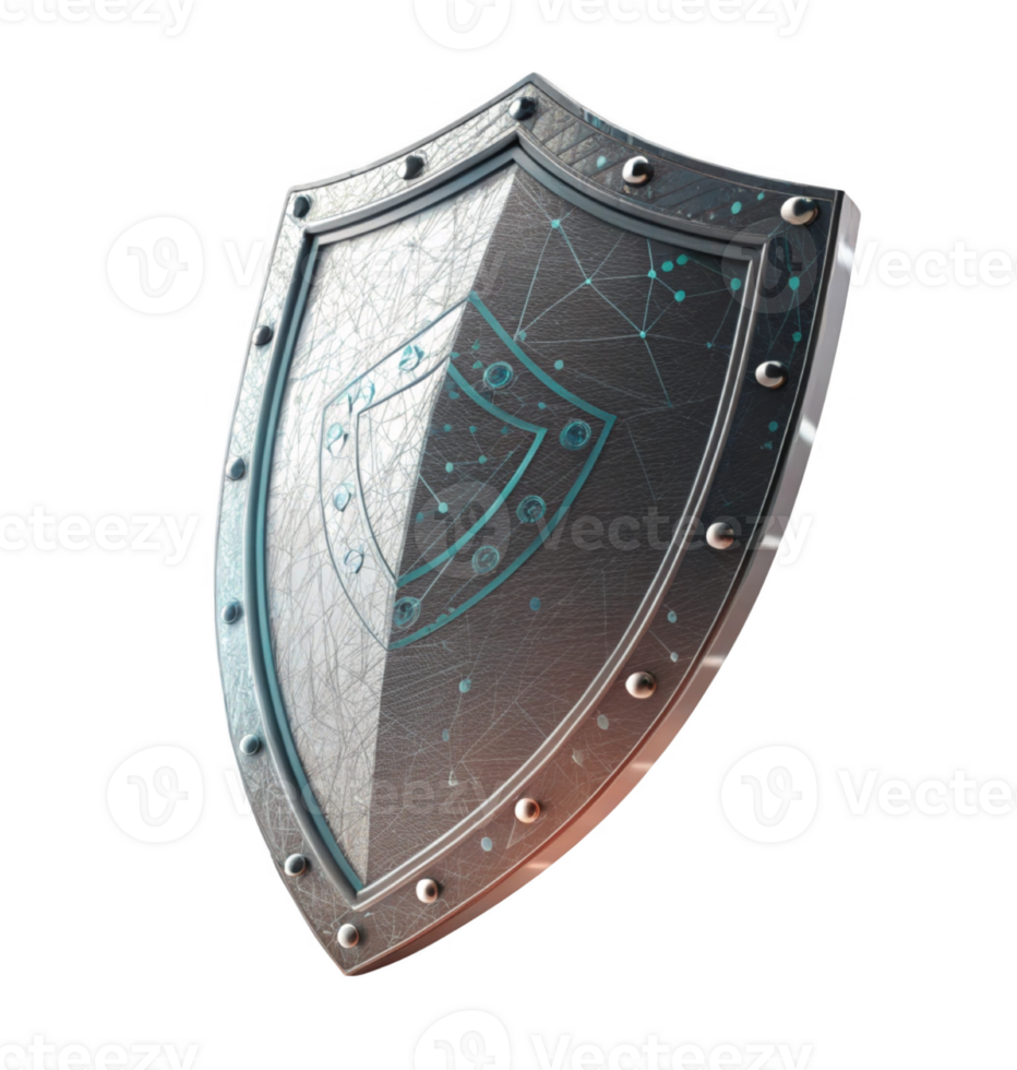 metallic shield with futuristic design, featuring intricate patterns and glossy finish, symbolizing protection and security png