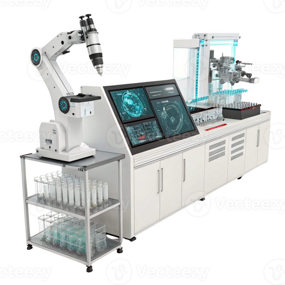 Automated laboratory equipment with robotic arm and touchscreen display png