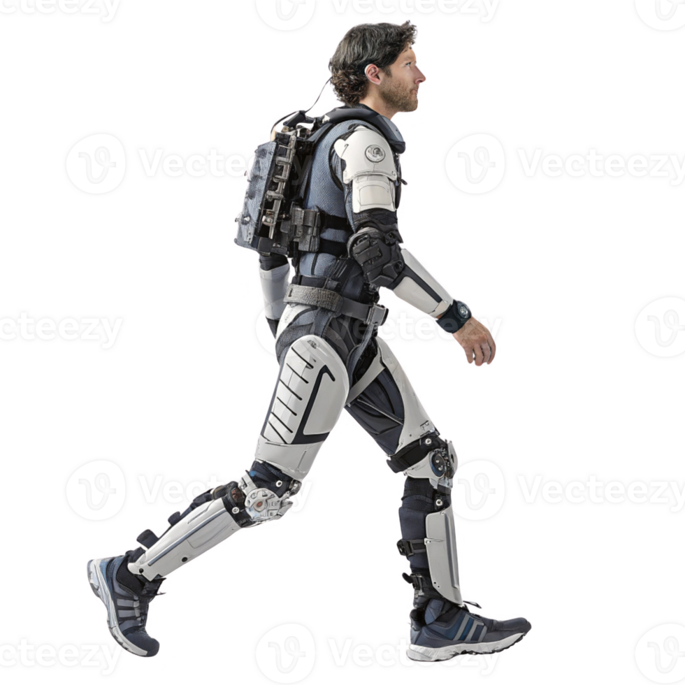 Exoskeleton suit worn by man walking, showcasing advanced technology and design png