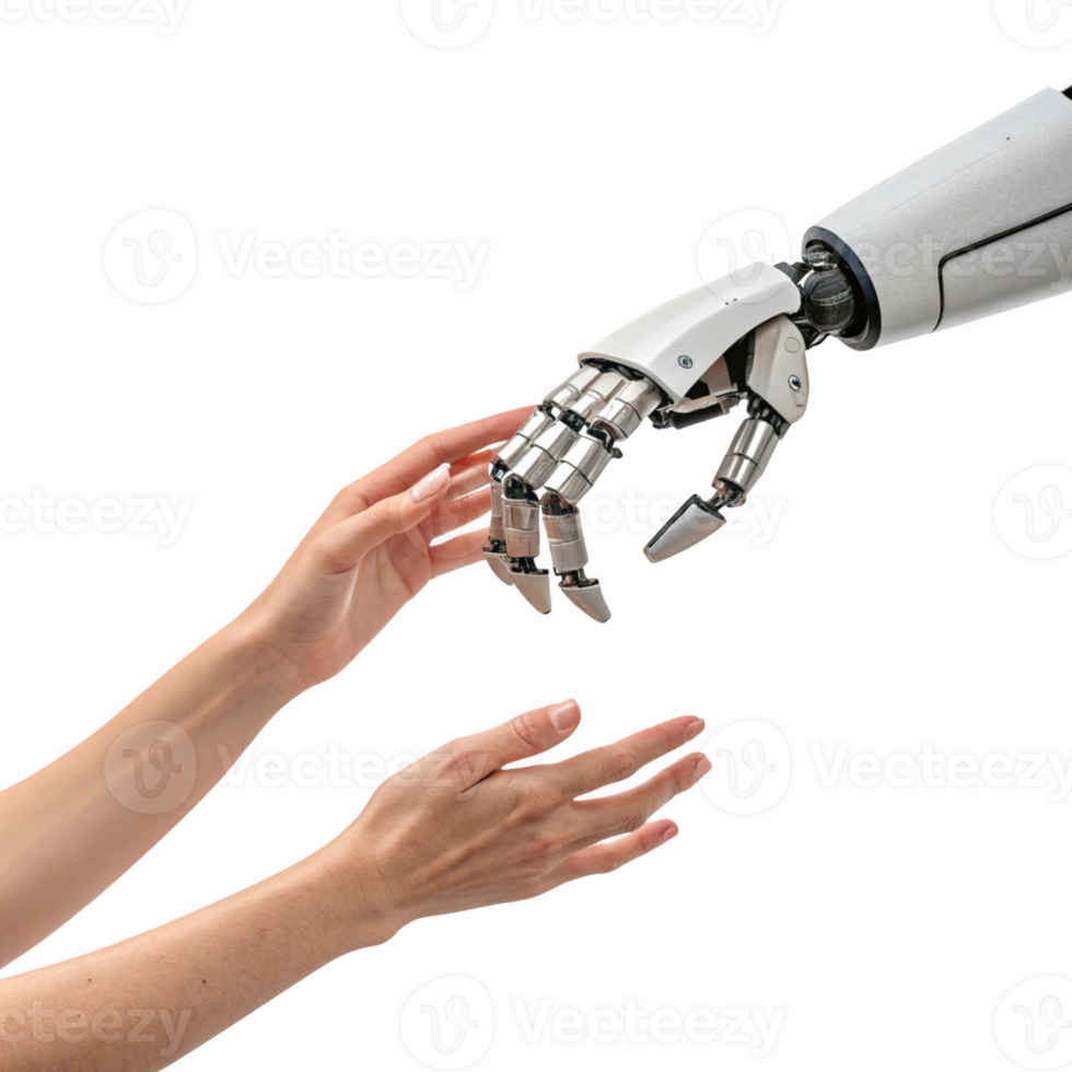 image depicts human hand reaching out towards robotic hand, symbolizing connection between humans and technology png