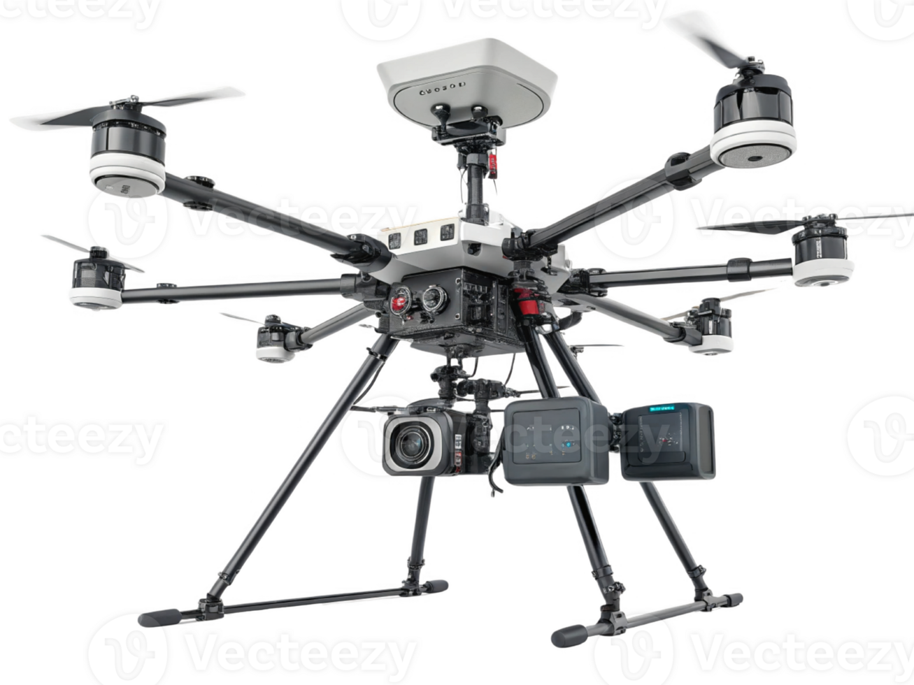 High tech drone with multiple rotors and attached camera equipment png
