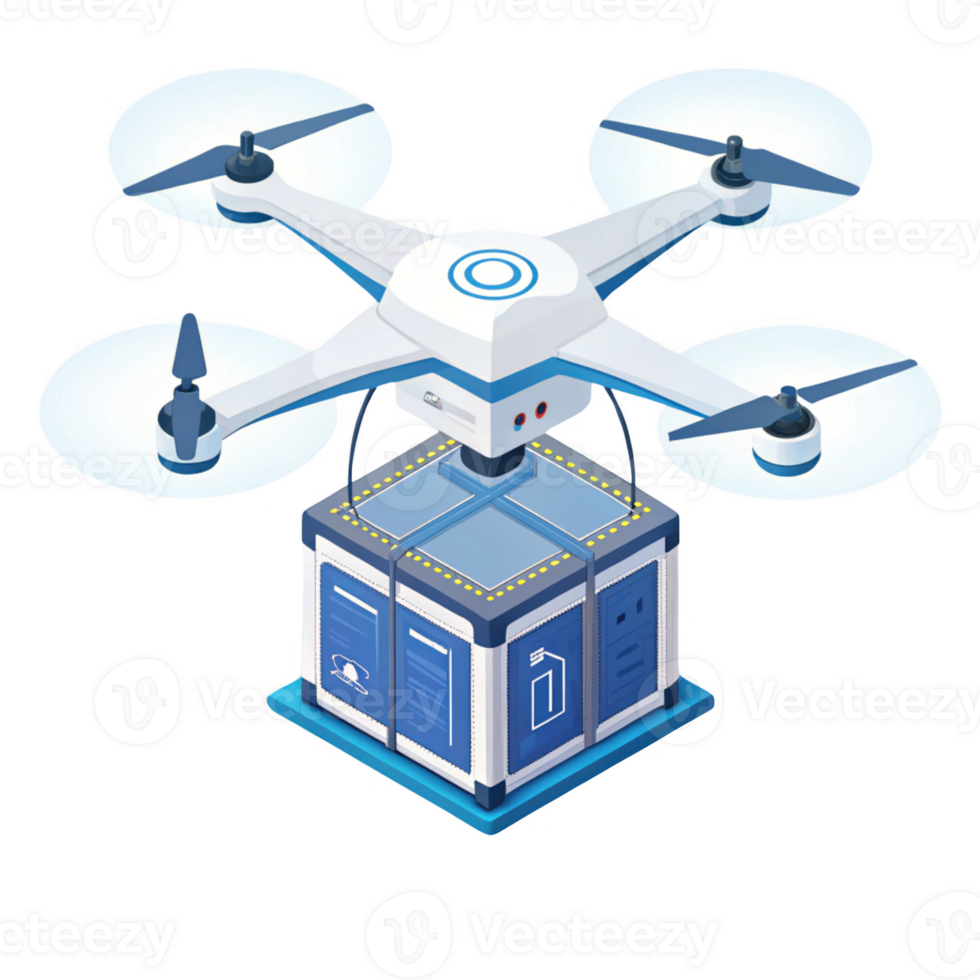 drone delivering package with blue cargo box, showcasing modern technology and logistics png