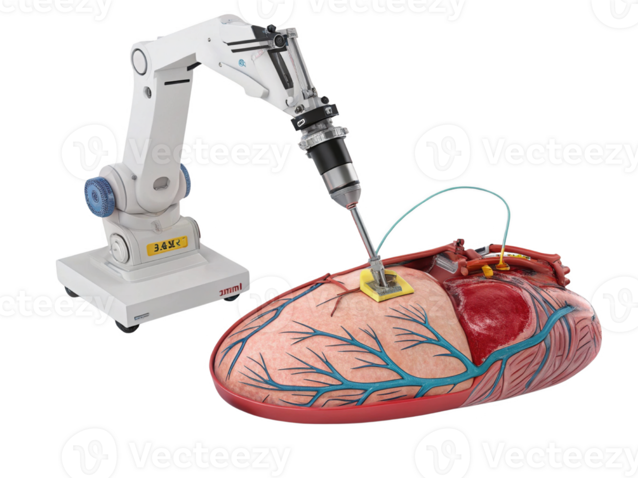 A Robotic arm performing surgery on heart model, showcasing medical technology and innovation png