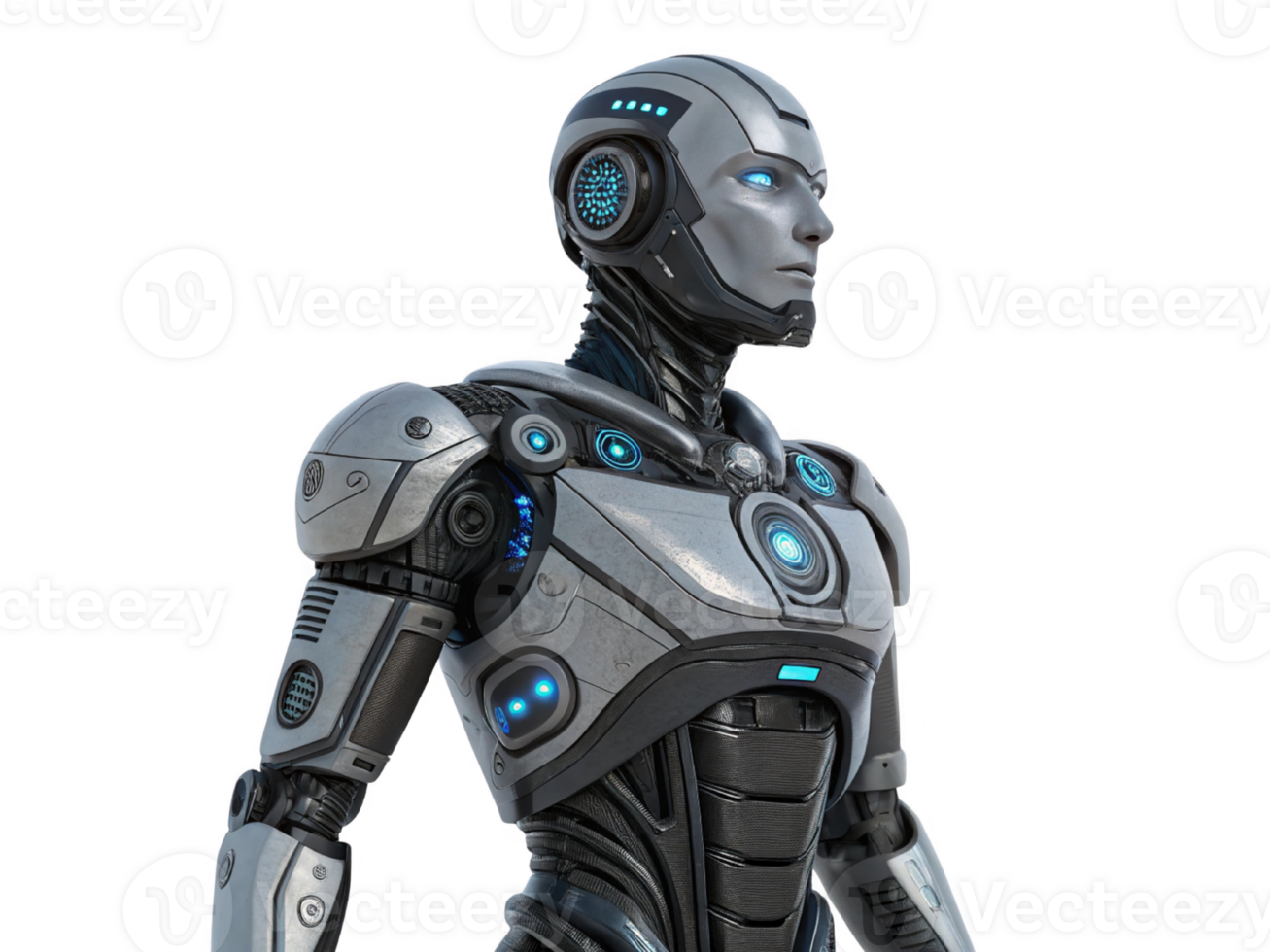 futuristic robot with sleek design and glowing blue accents stands confidently png