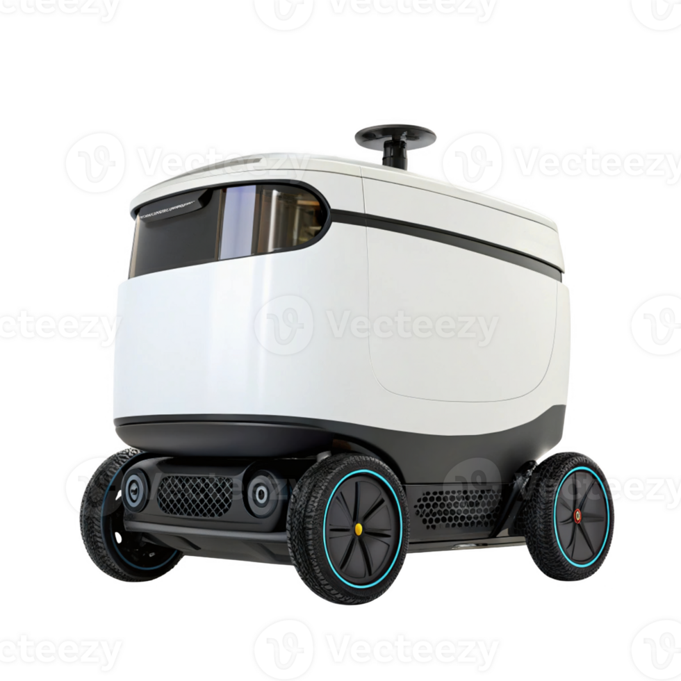 Autonomous delivery robot with sleek design and four wheels, ideal for urban environments png