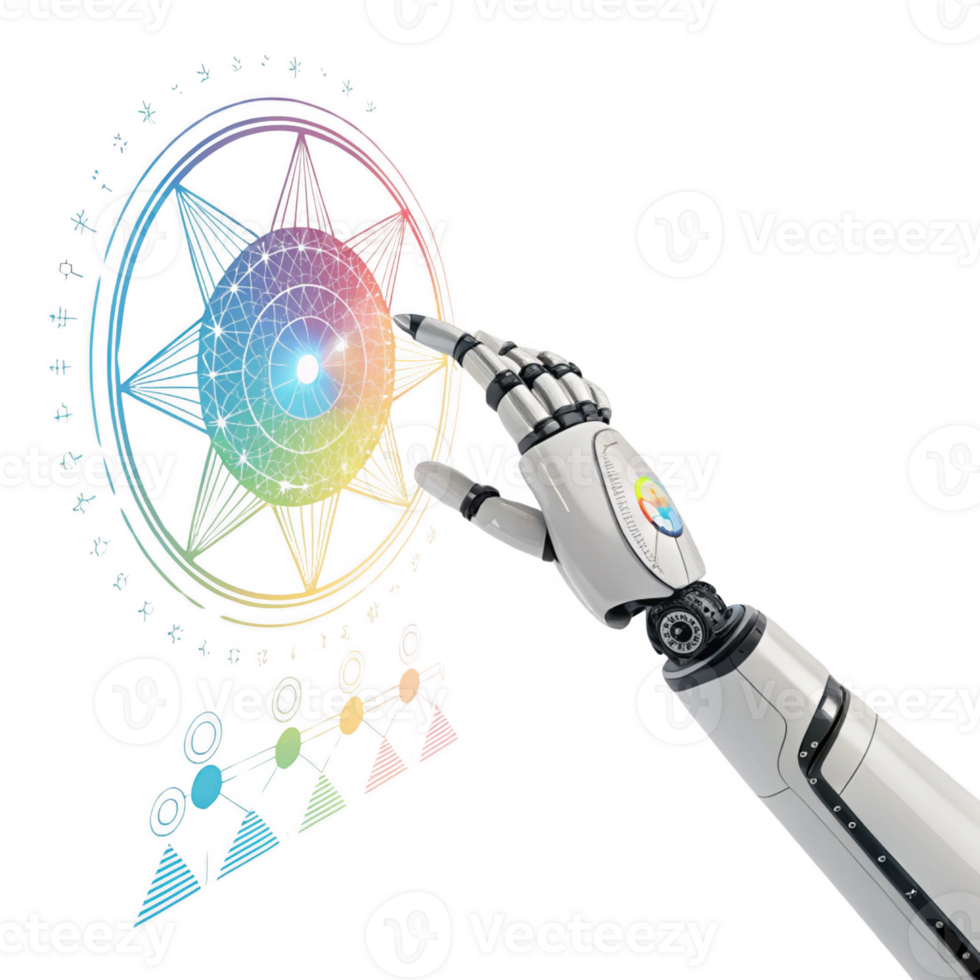 robotic hand interacts with colorful geometric design, symbolizing technology and innovation png