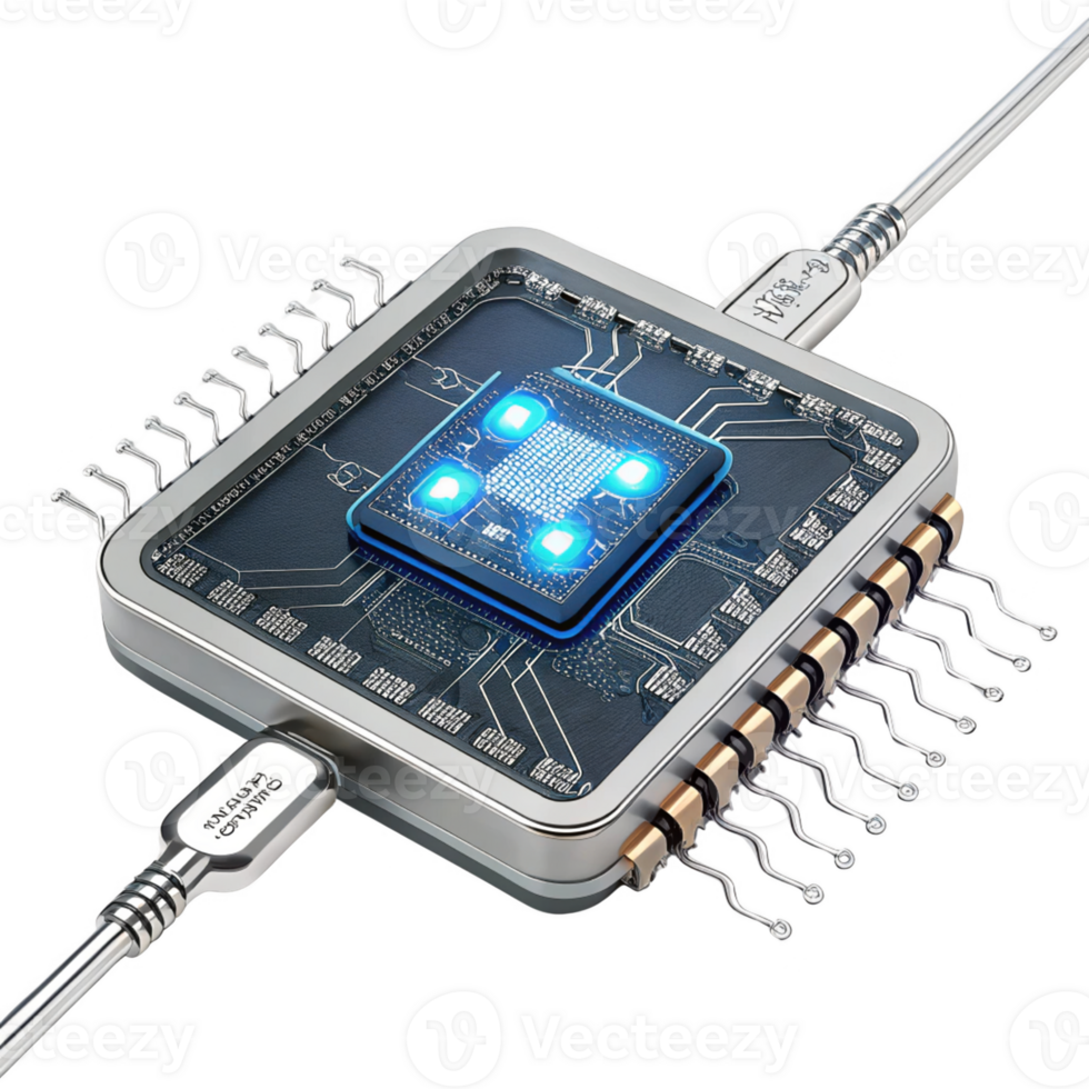 High tech microchip with glowing elements and circuit connections png