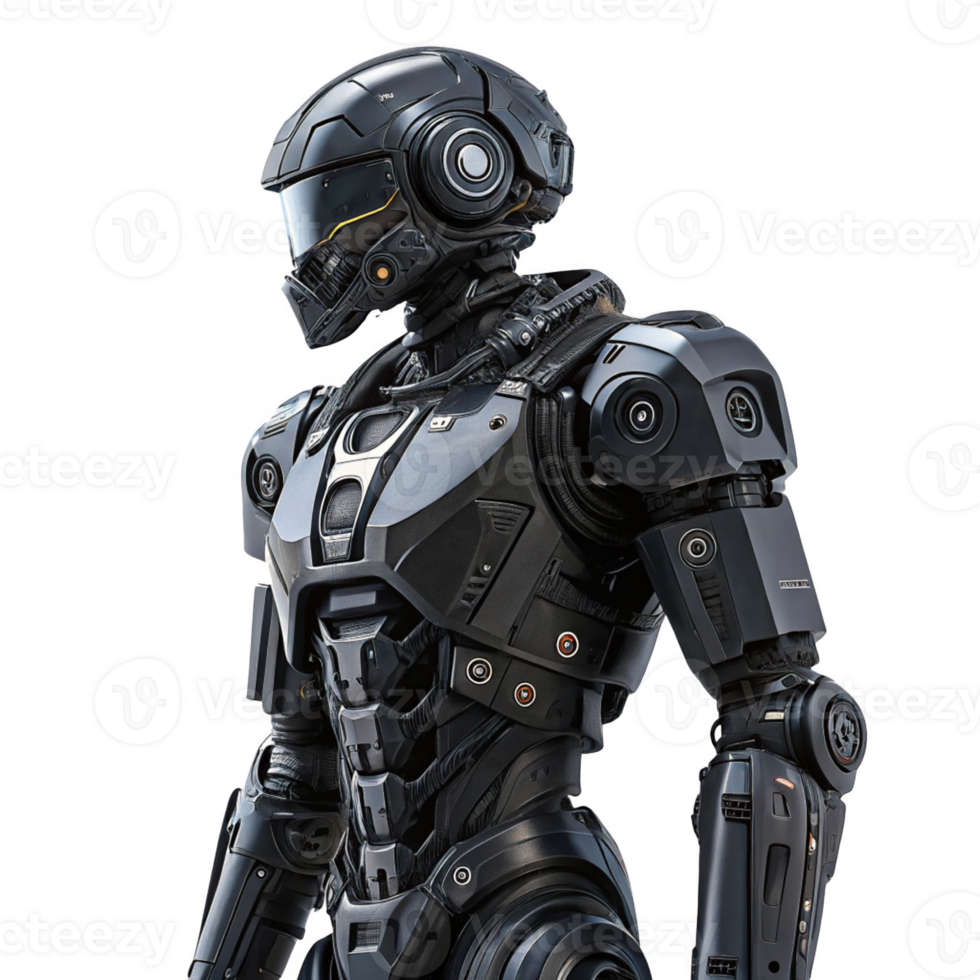 Futuristic robot design with sleek black armor and advanced technology png