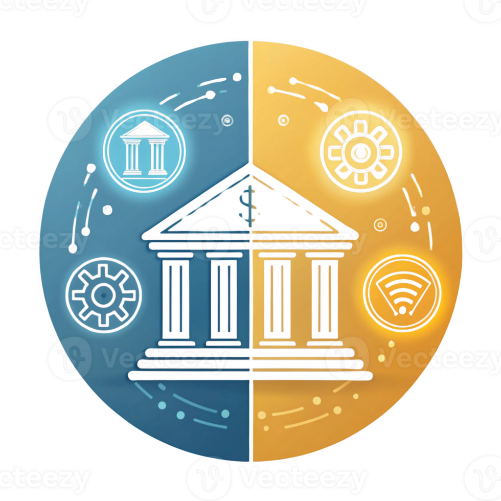 Digital banking concept with bank building and technology symbols png