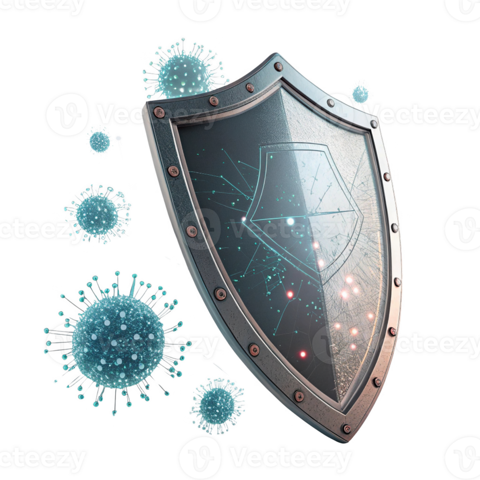 digital shield protecting against viruses, featuring futuristic design and glowing elements png