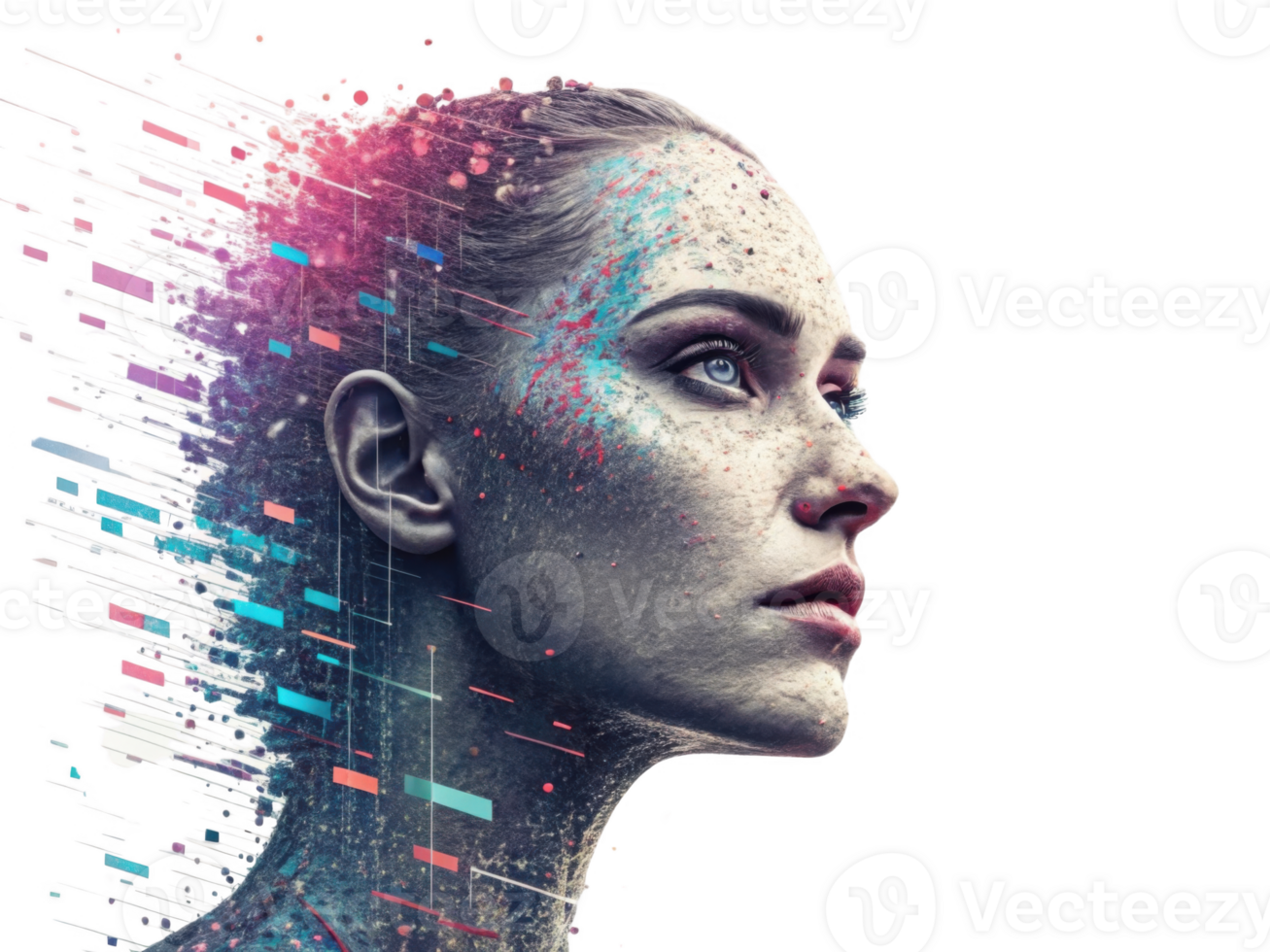 This artistic portrait features woman with creative digital effect, showcasing vibrant colors and abstract elements png
