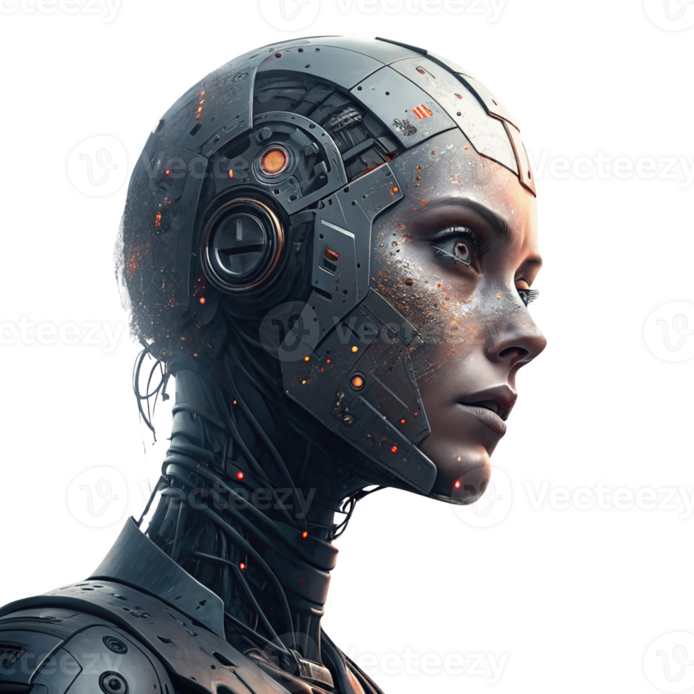 futuristic robot with metallic face and intricate details, showcasing advanced technology and design. png