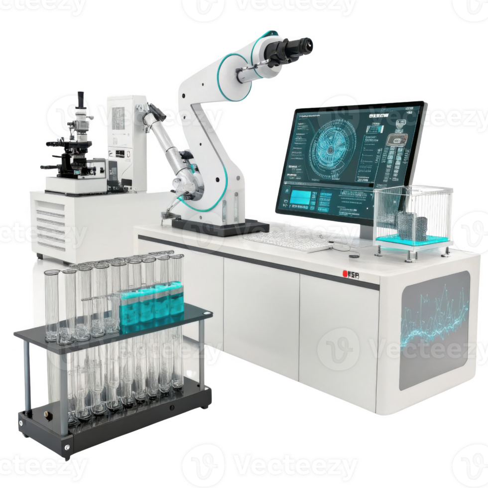 Advanced laboratory equipment with robotic arm and digital display png