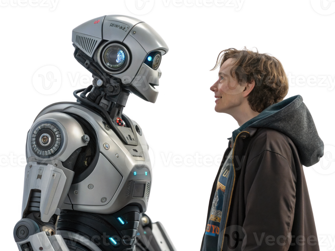 robot and young man share moment of curiosity and connection png