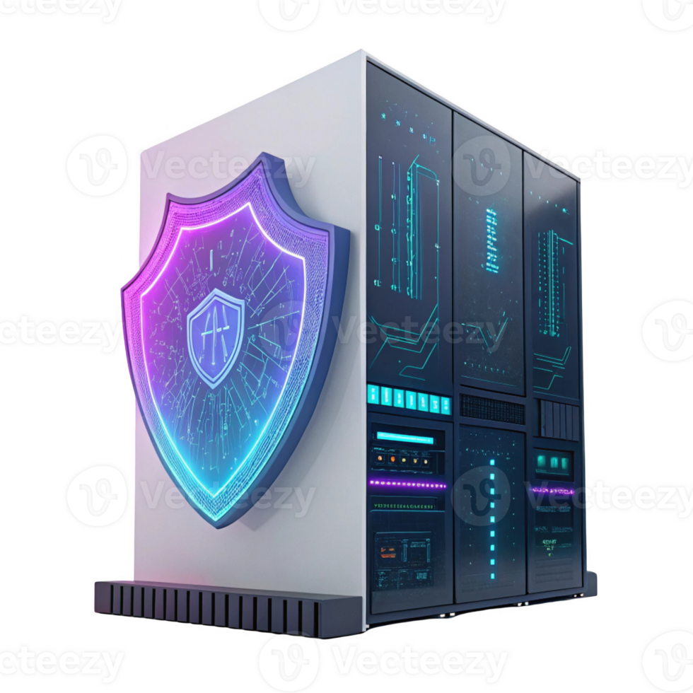futuristic server with glowing shield design, symbolizing cybersecurity and protection png