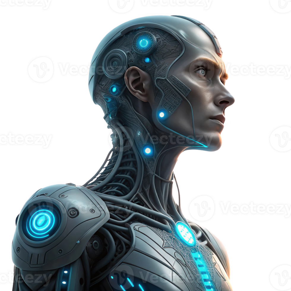 futuristic humanoid robot with glowing blue accents and intricate circuitry png
