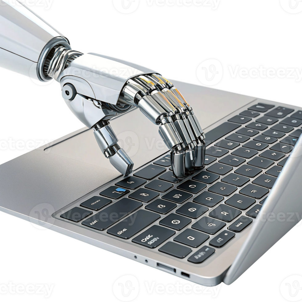 robotic hand typing on laptop keyboard, showcasing technology and ...