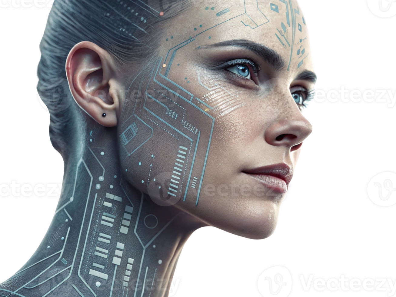 futuristic woman with digital patterns on her face and neck, showcasing technology and innovation png