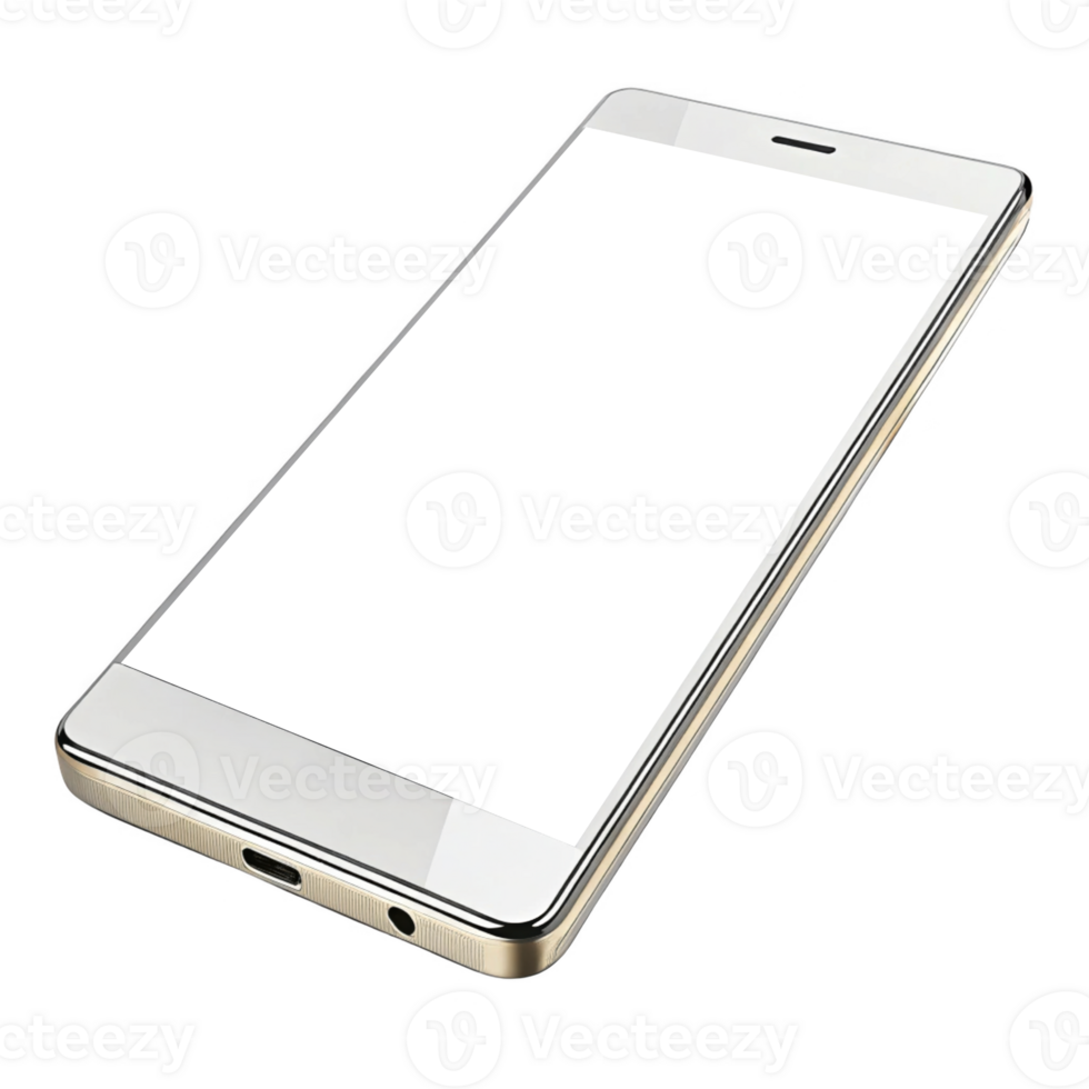 sleek smartphone with large blank screen, showcasing modern technology and design. device is angled to highlight its slim png