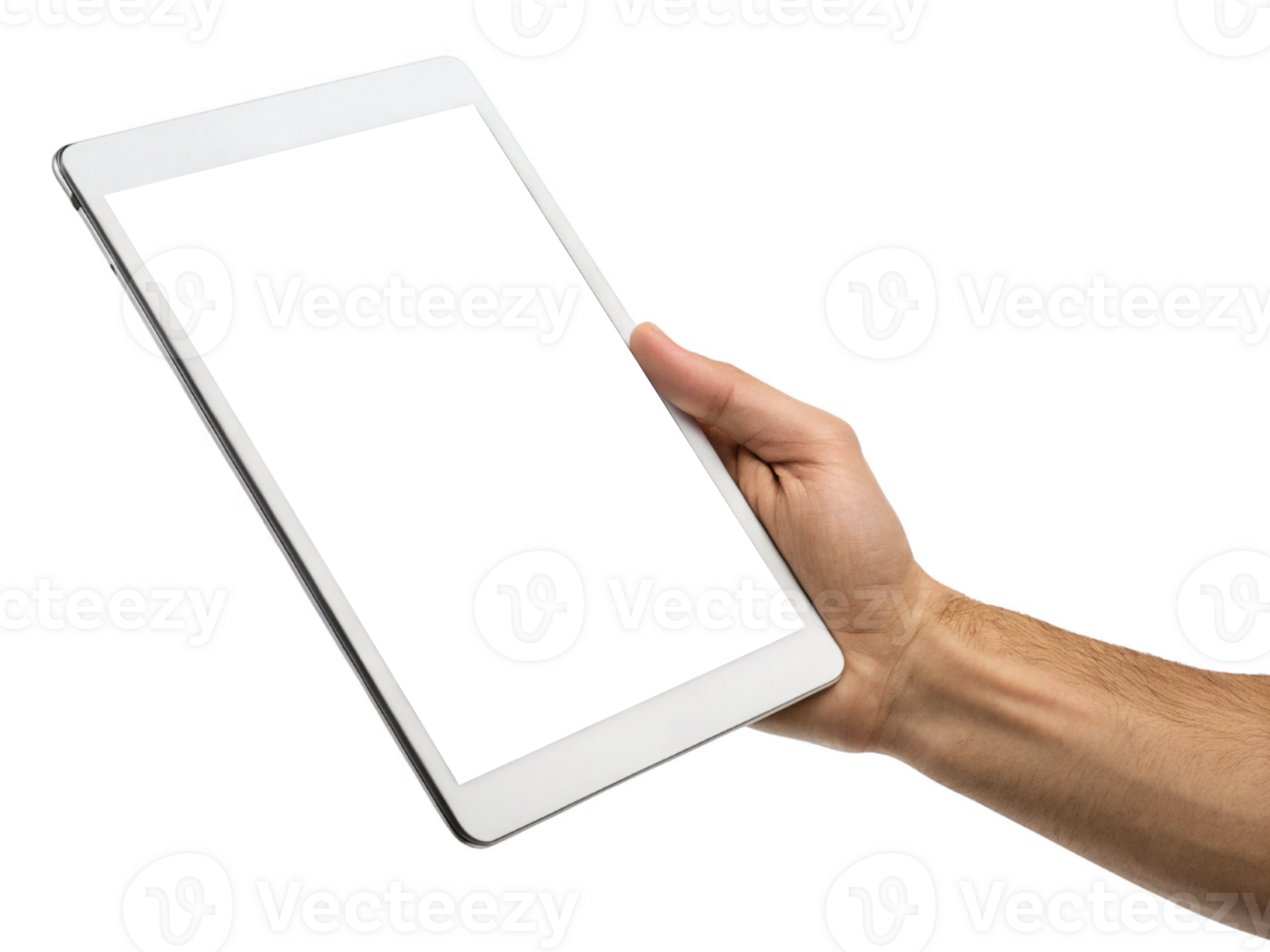 person holding tablet device, showcasing blank screen, symbolizing technology and digital communication. hand is positioned to png