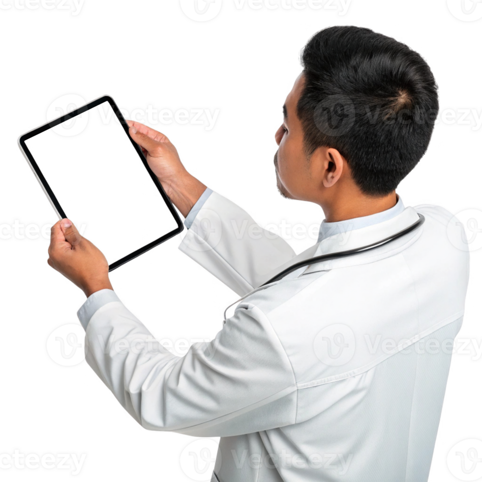 healthcare professional using technology to analyze data on tablet, showcasing modern medical practices and innovation. png
