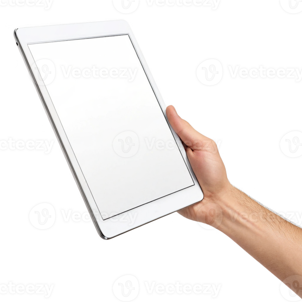 person holding blank tablet device, showcasing modern technology and digital interaction. image conveys sense of innovation png