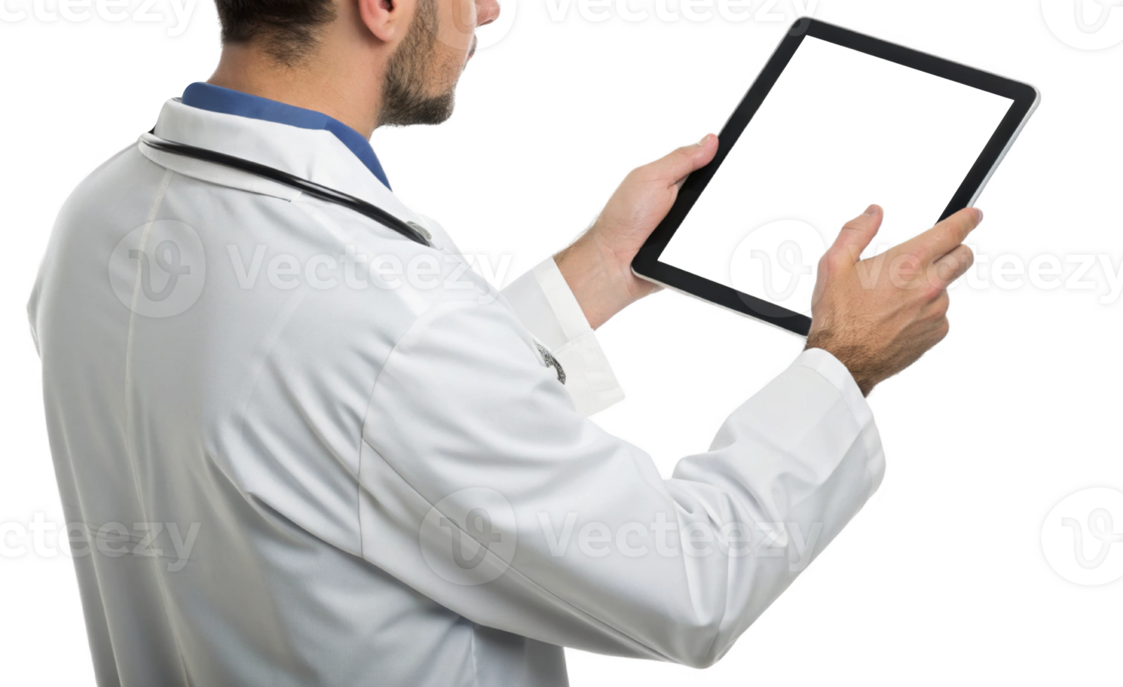 healthcare professional using technology to analyze data on tablet, showcasing modern medical practices and innovation . png