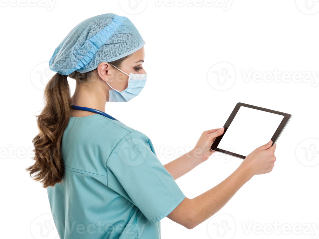 healthcare professional in scrubs and surgical cap uses tablet, showcasing integration of technology in medical settings png