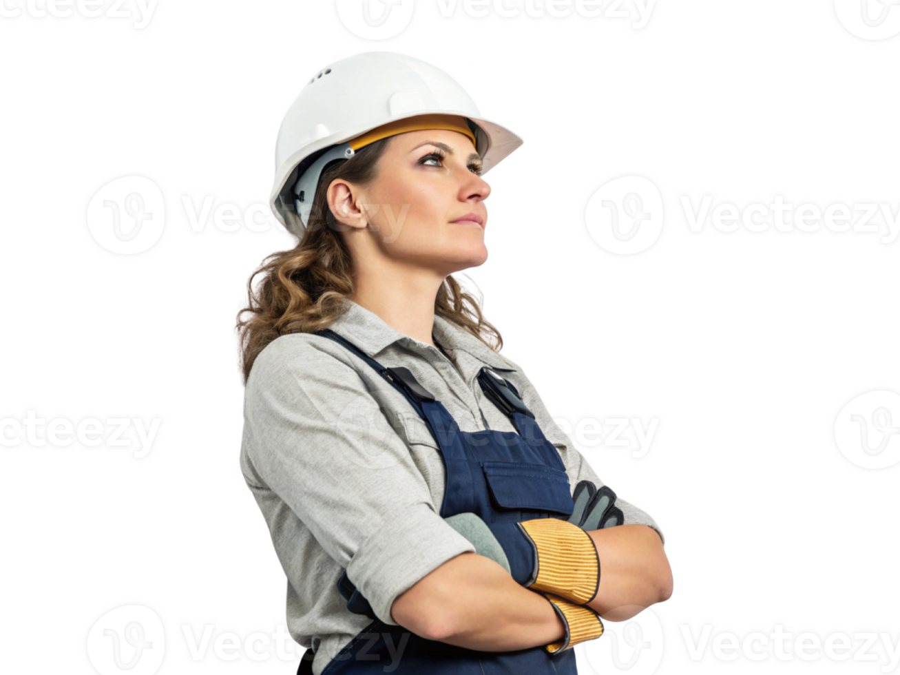 confident construction worker wearing hard hat and gloves, showcasing strength and determination professional setting png