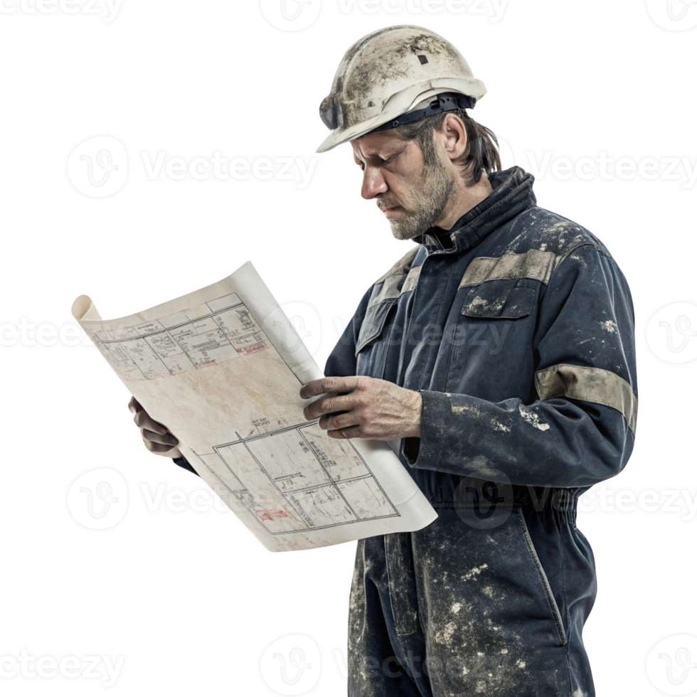 construction worker examines blueprints, showcasing dedication and focus dusty environment. image highlights importance of png