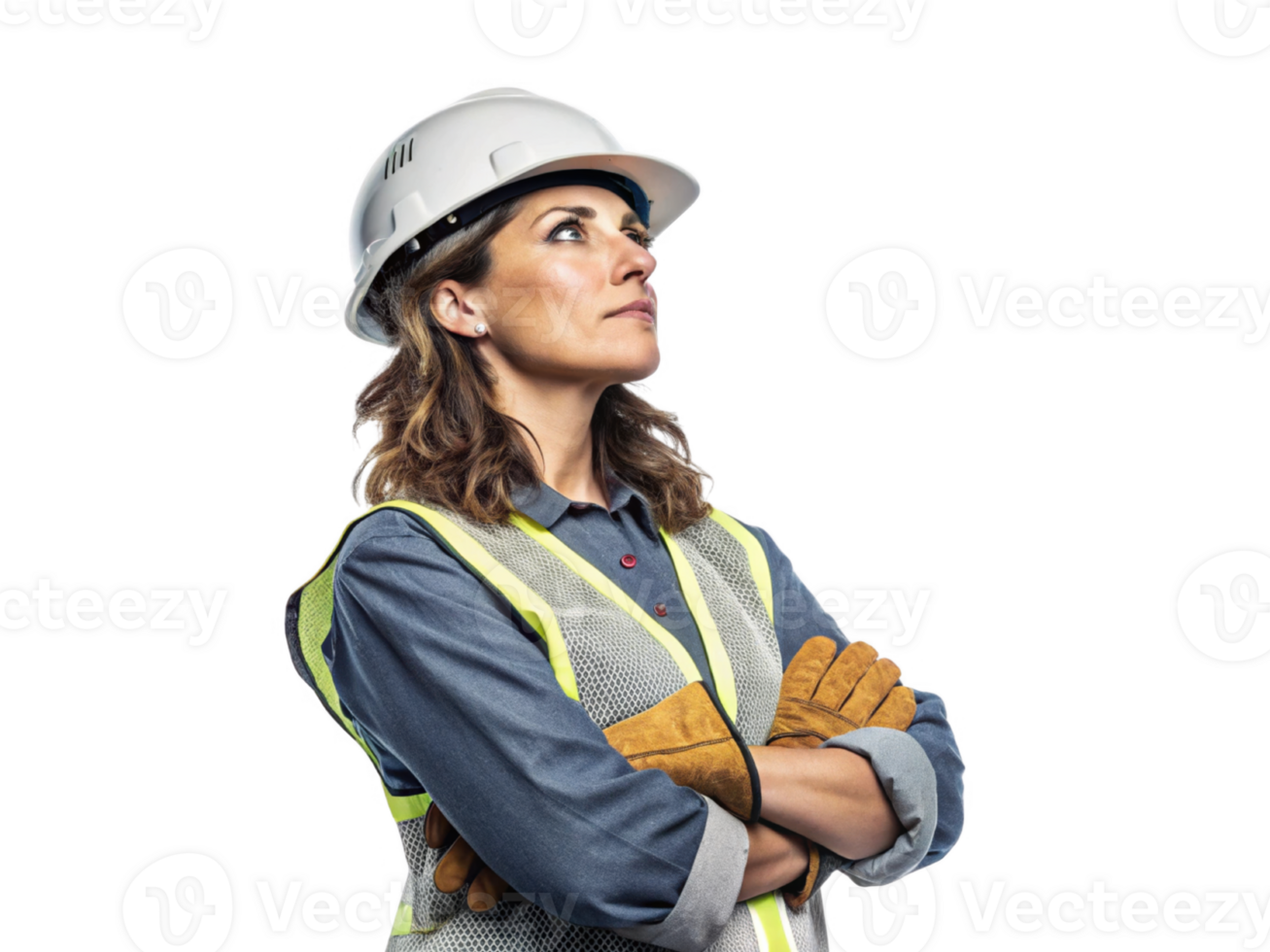 confident woman hard hat and safety vest stands with her arms crossed, embodying strength and professionalism construction png