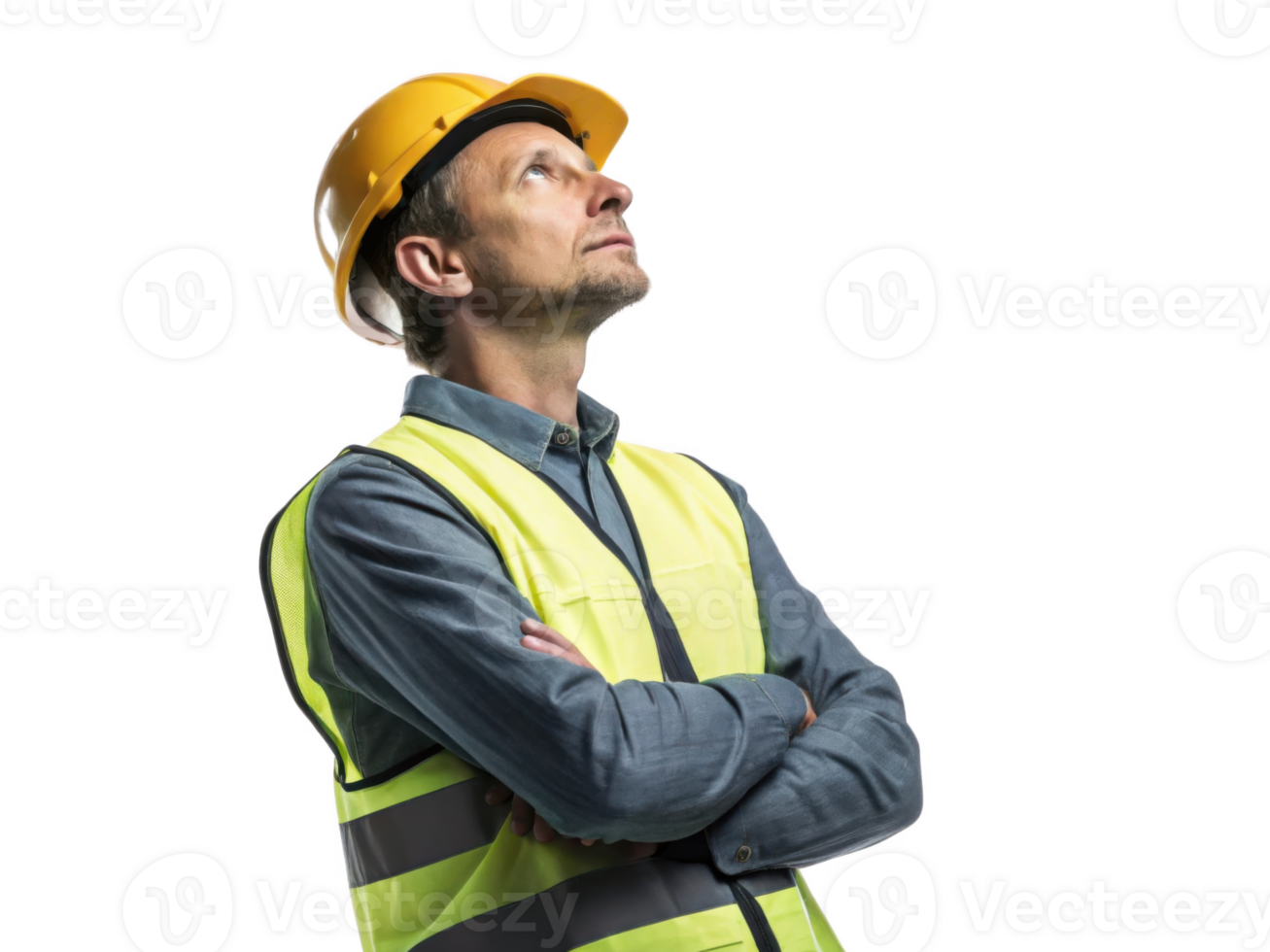construction worker in safety vest and hard hat looks upward, contemplating future technology advancements in industry png