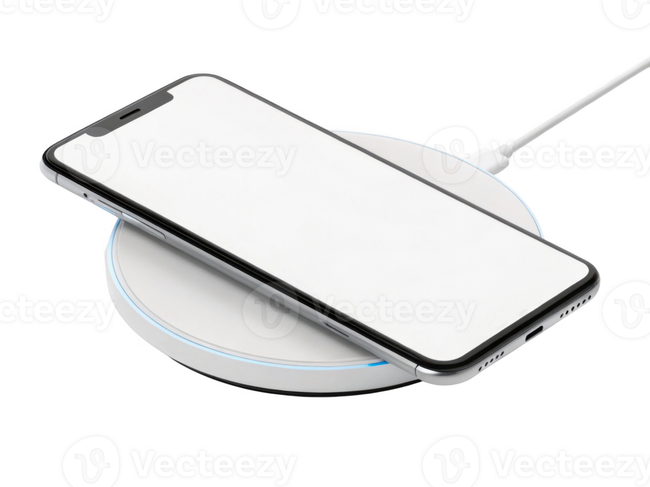 modern smartphone is placed sleek wireless charging pad, showcasing convenience of technology. minimalist design emphasizes png