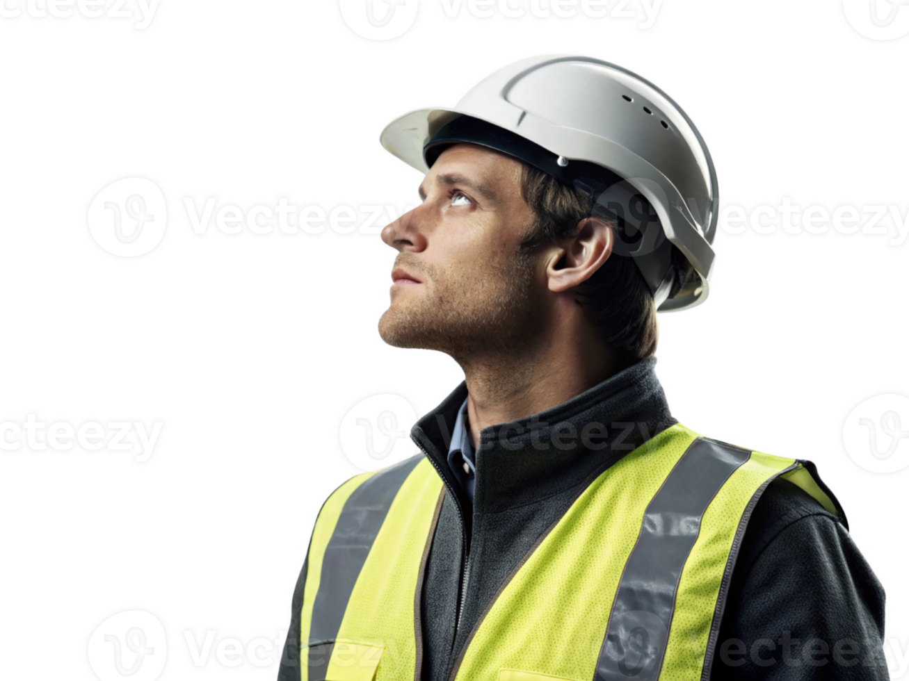 construction worker wearing safety helmet and reflective vest looks upward, embodying sense of focus and determination png