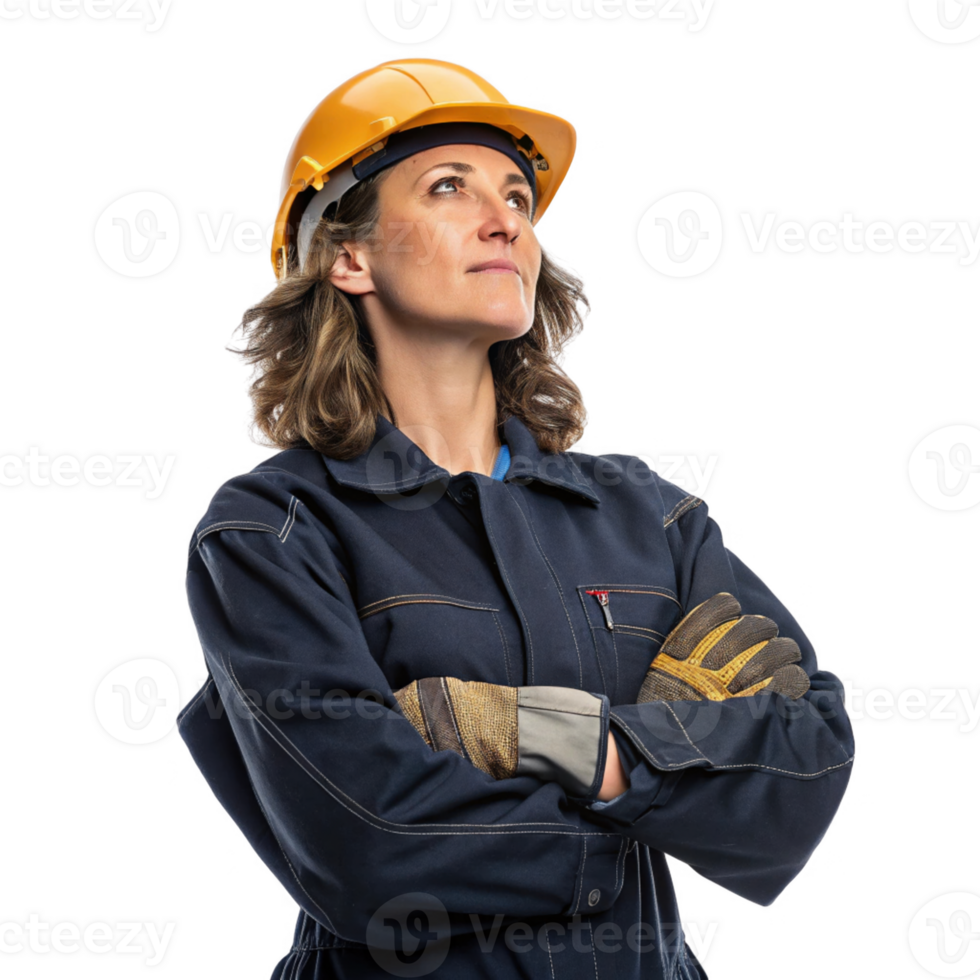 confident woman hard hat and work gloves stands with her arms crossed, embodying strength and determination field of png