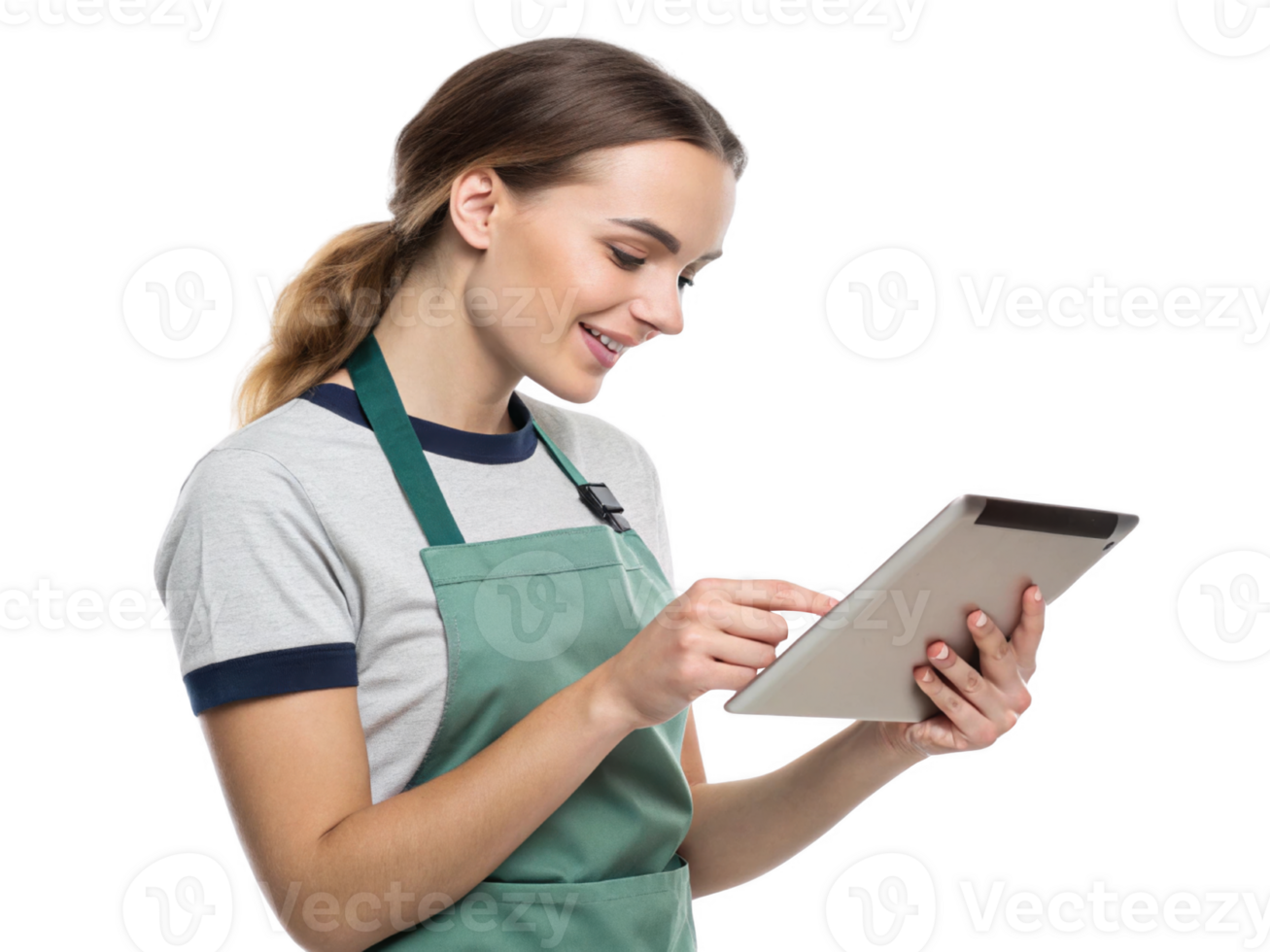Smiling barista using tablet for orders, showcasing food, technology in modern cafe environment png