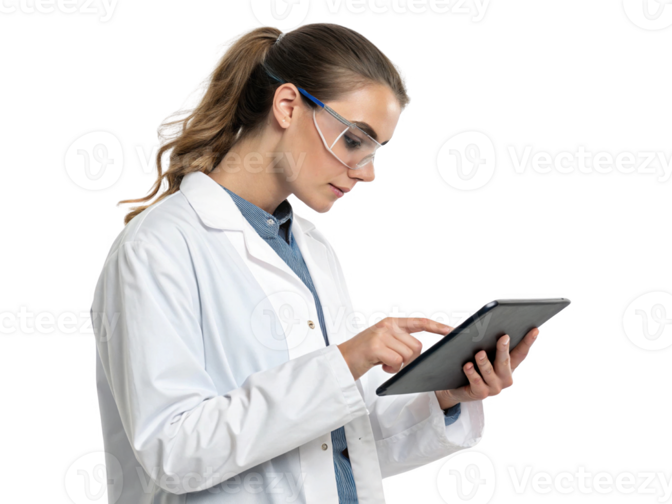 focused scientist in lab coat uses tablet to explore food technology innovations, showcasing blend of science and technology png